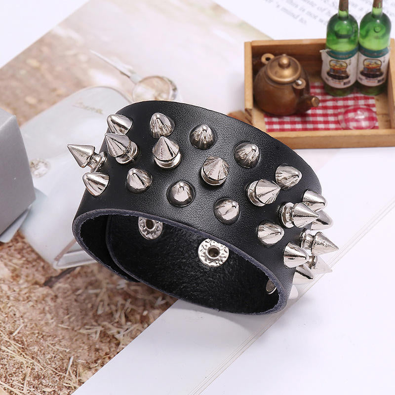 Black leather bracelet with silver spikes on  Punk Rock Genuine Leather Bracelet Handmade Spike Silver Studded Bracelets for Unisex- Black