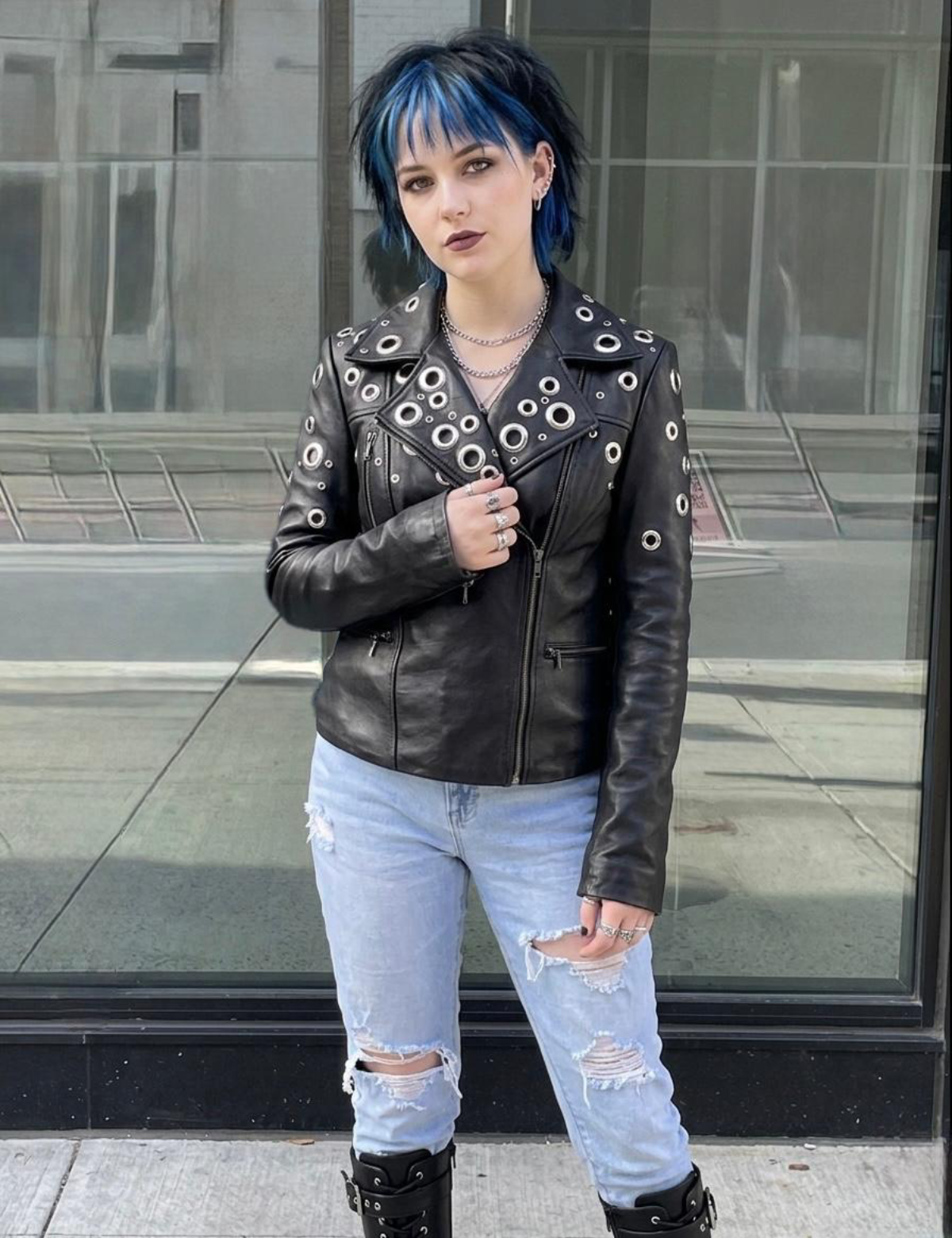 HandMade Big Grummet Women Designer Leather Streetwear Jacket