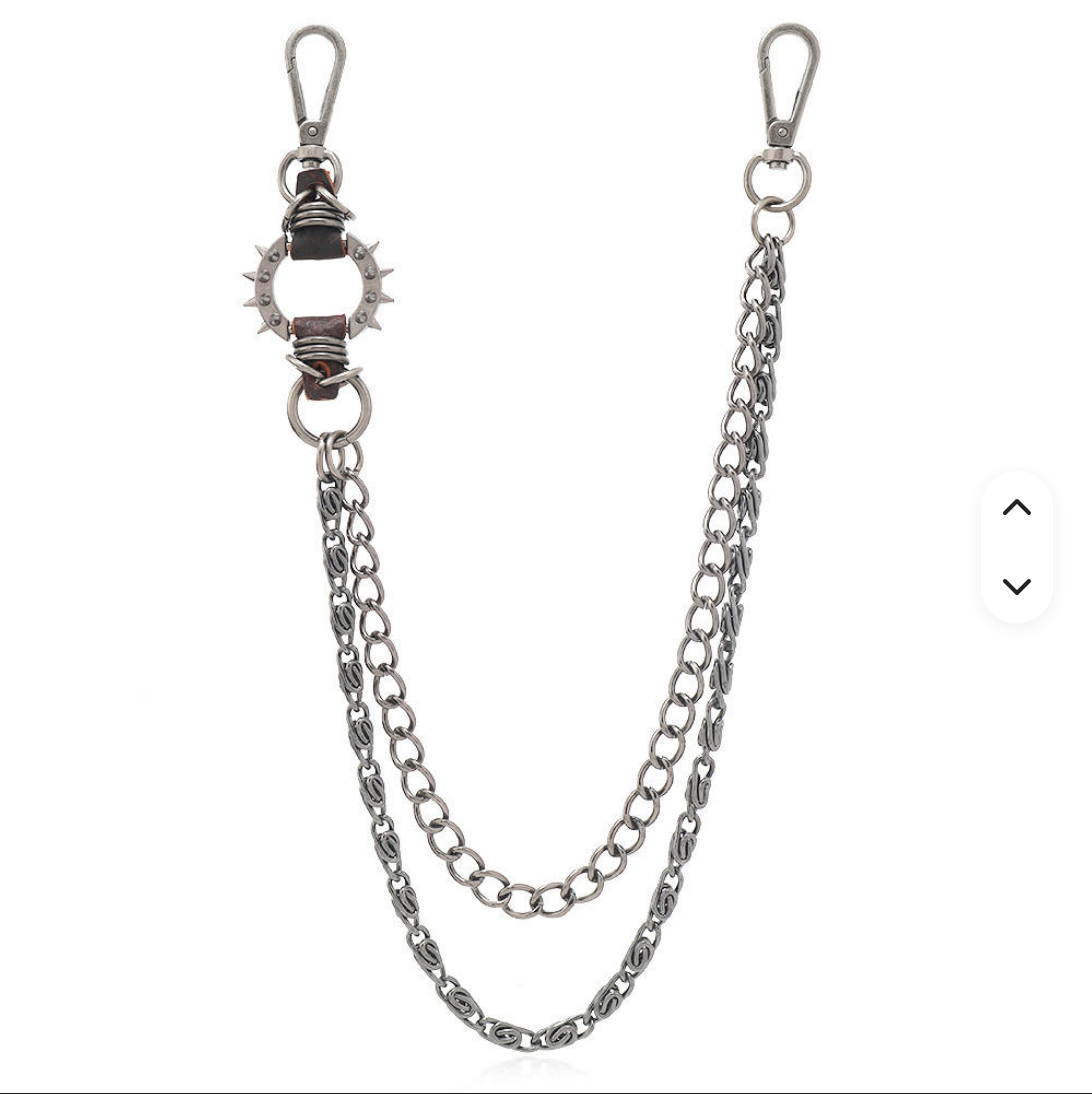 Black Gothic Trouser Chain with Spike Ring & Leather Accents