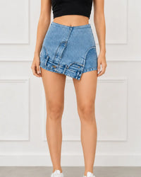 Asymmetrical Denim Mini Skirt – High Waist Wrap Style