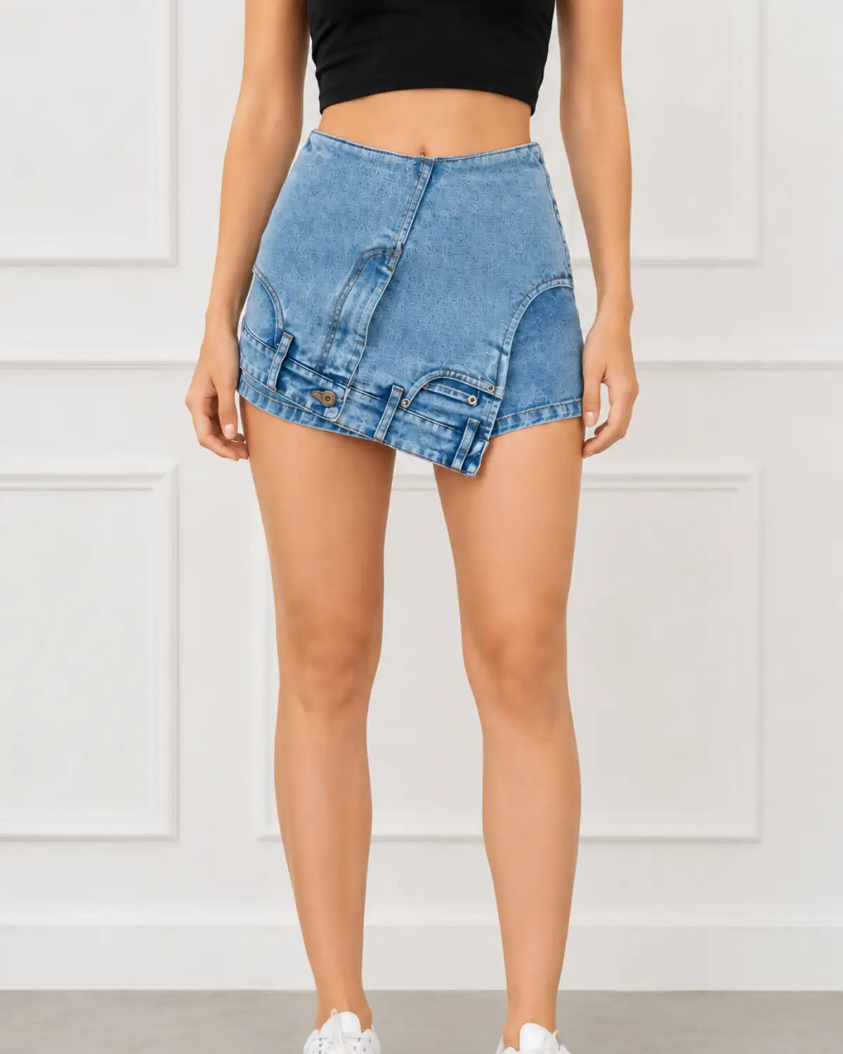 Asymmetrical Denim Mini Skirt – High Waist Wrap Style