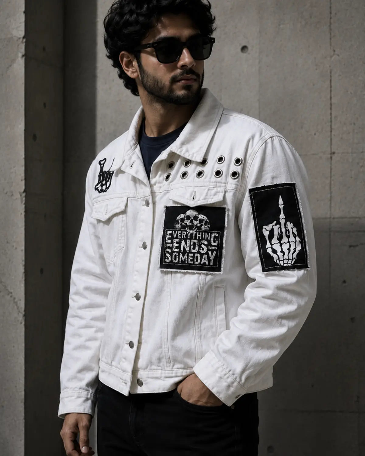 Handmade white denim men's jacket with printed graphic patches and gothic details
