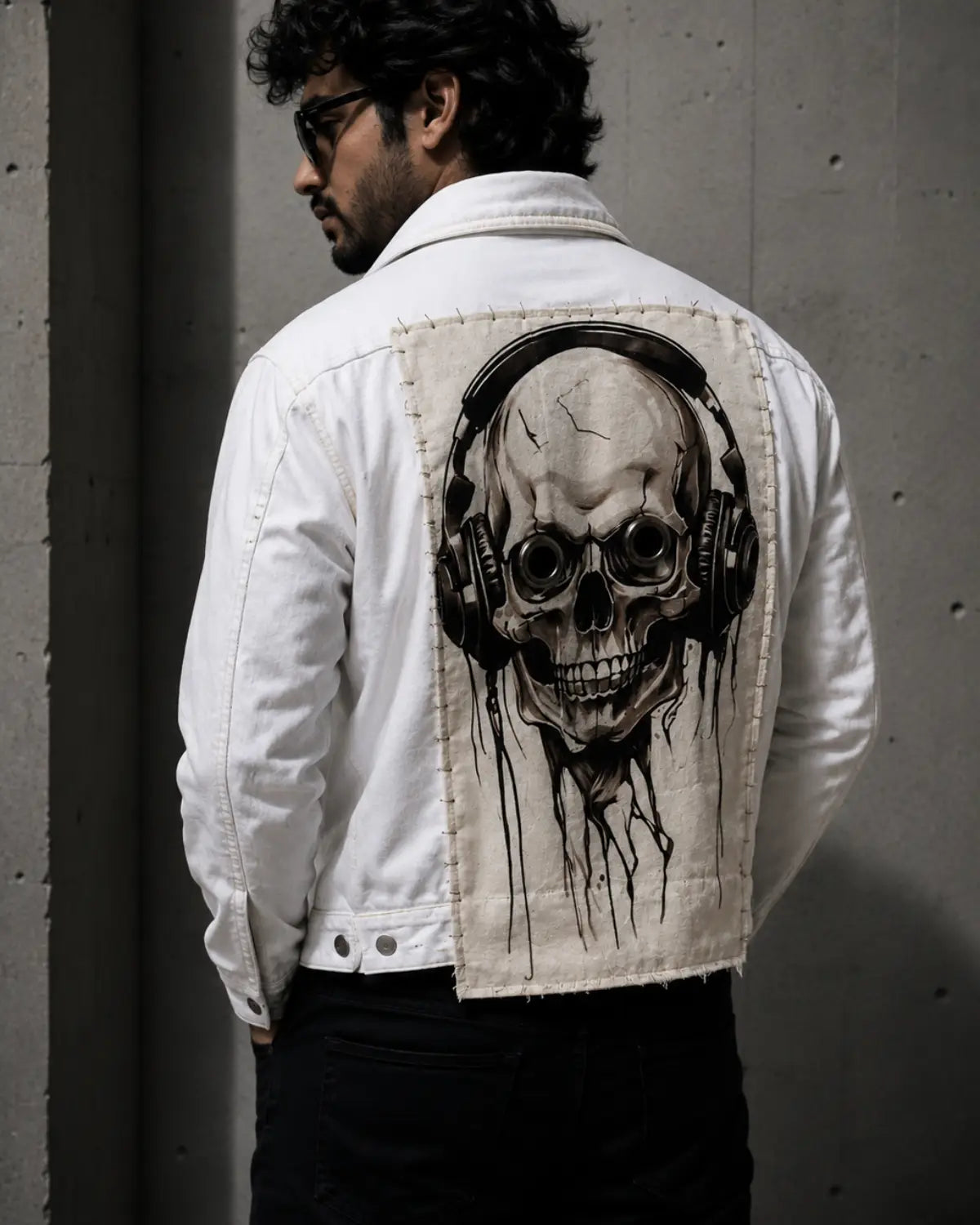 Handmade white denim men's jacket with printed graphic patches and gothic details
