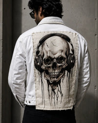 Handmade white denim men's jacket with printed graphic patches and gothic details
