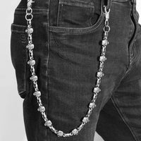 Skull Head Trouser chain for waist and trouser and style enhancement, punk and gothic styling, trouser chains styled with dog hooks to catch up in jeans loops.