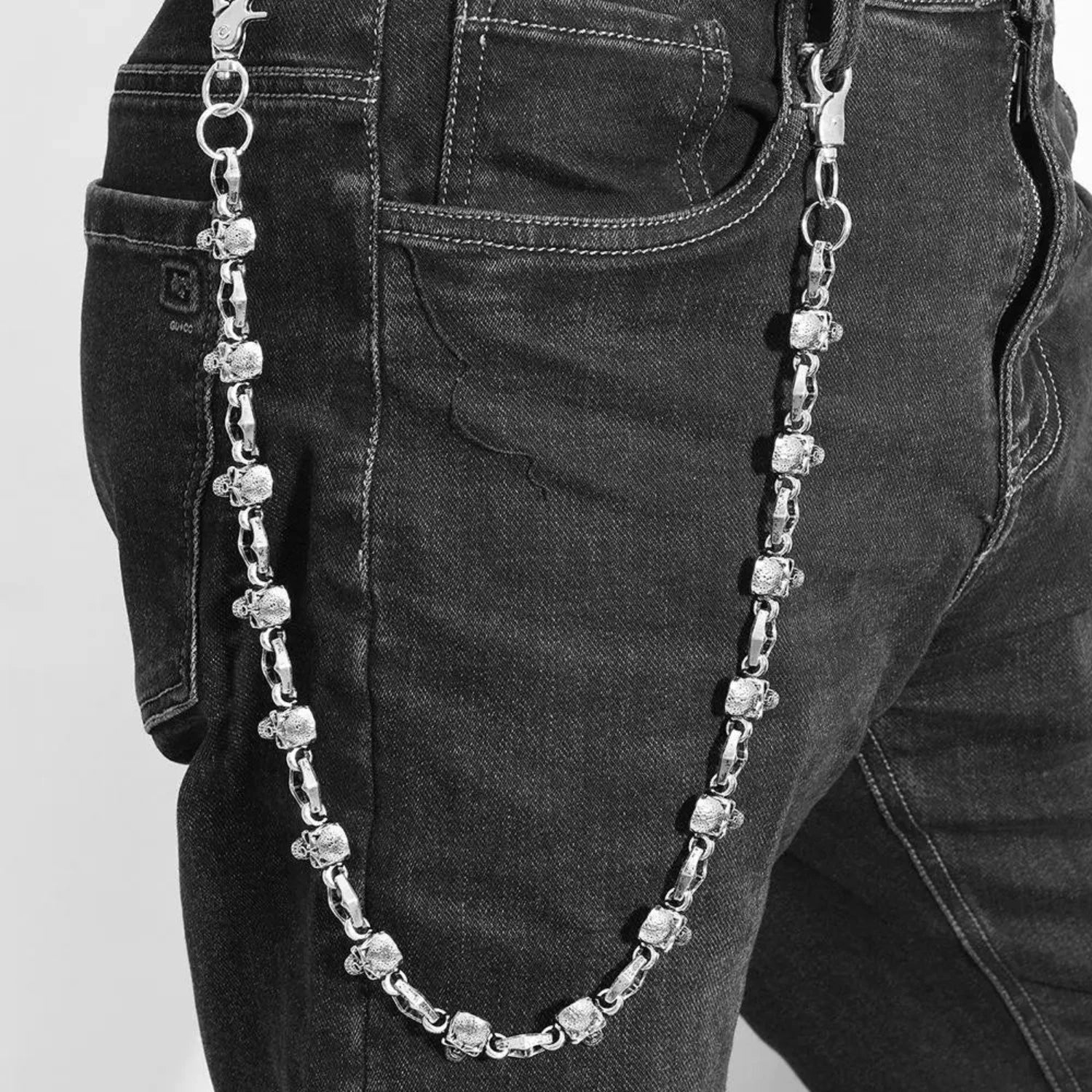 Skull Head Trouser chain for waist and trouser and style enhancement, punk and gothic styling, trouser chains styled with dog hooks to catch up in jeans loops.