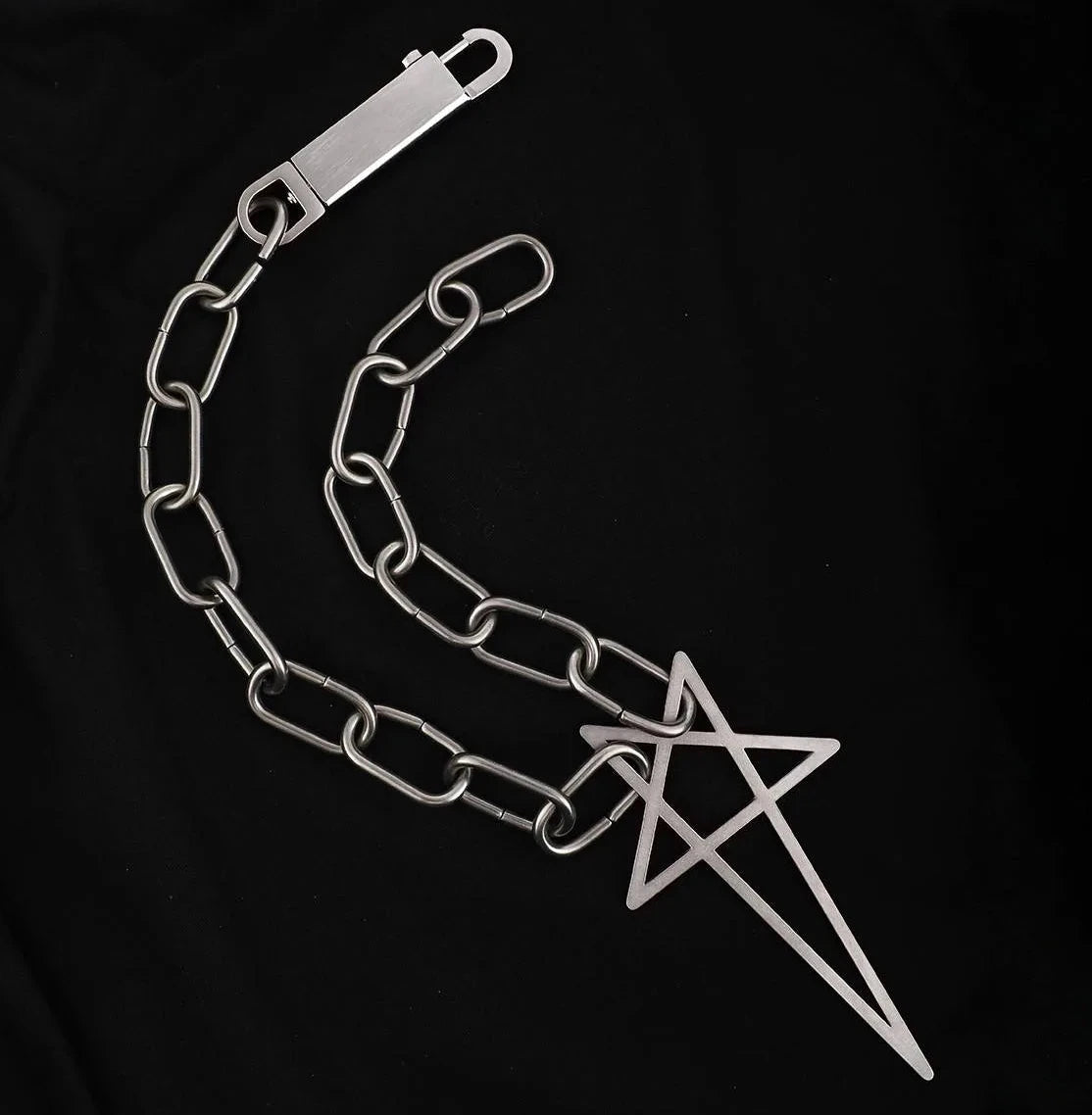 A silver metal chain accessory with a large open pentagram pendant, Star Inverted Pentagram Chain Statement Necklace with big star