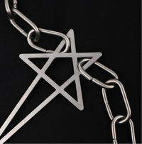 A close-up of a silver metal pentagram pendant linked with a chunky silver chain Star Inverted Pentagram Chain Statement Necklace with big star