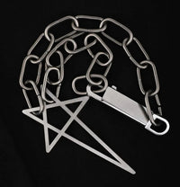 A silver metal pentagram keychain with a heavy-duty chain and a padlock, Star Inverted Pentagram Chain Statement Necklace with big star