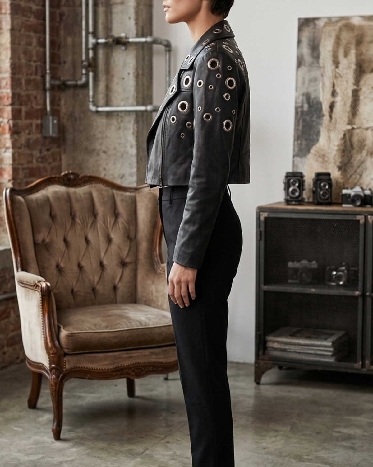 Big Rivets Cropped Women leather Jacket 