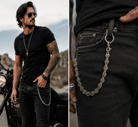 A split view showing a man wearing a silver chain accessory attached to his black jeans pocket, with a close-up of the biker wallet chain hanging from the waistband.