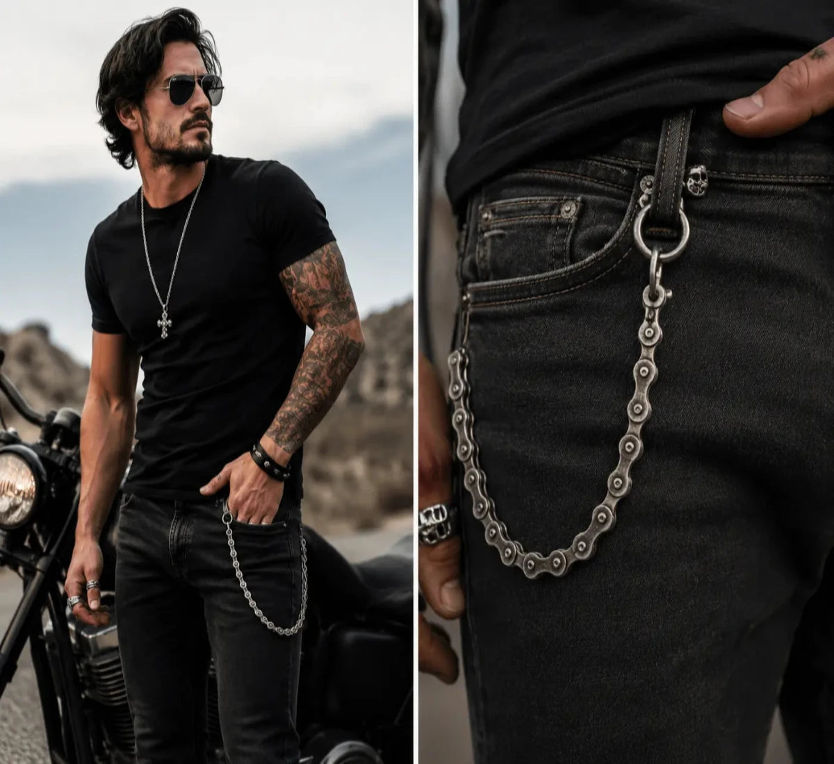 A split view showing a man wearing a silver chain accessory attached to his black jeans pocket, with a close-up of the biker wallet chain hanging from the waistband.