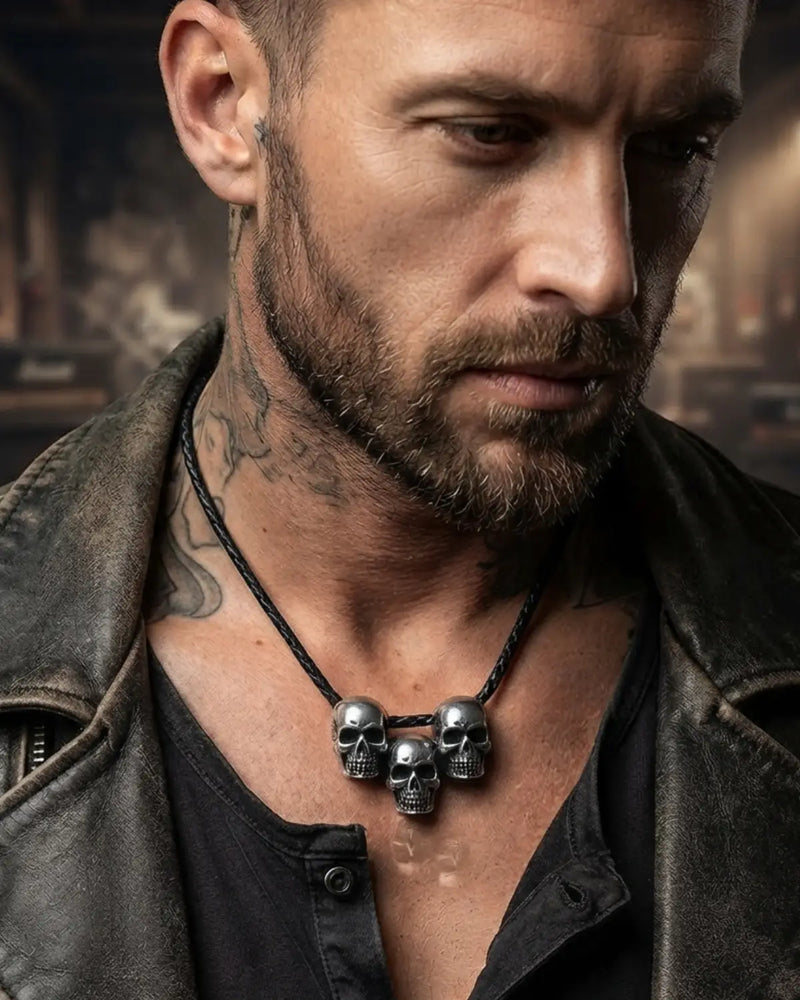 A close-up of a man wearing a black cord necklace with three metallic silver skull pendants, styled with a dark leather jacket and black shirt.