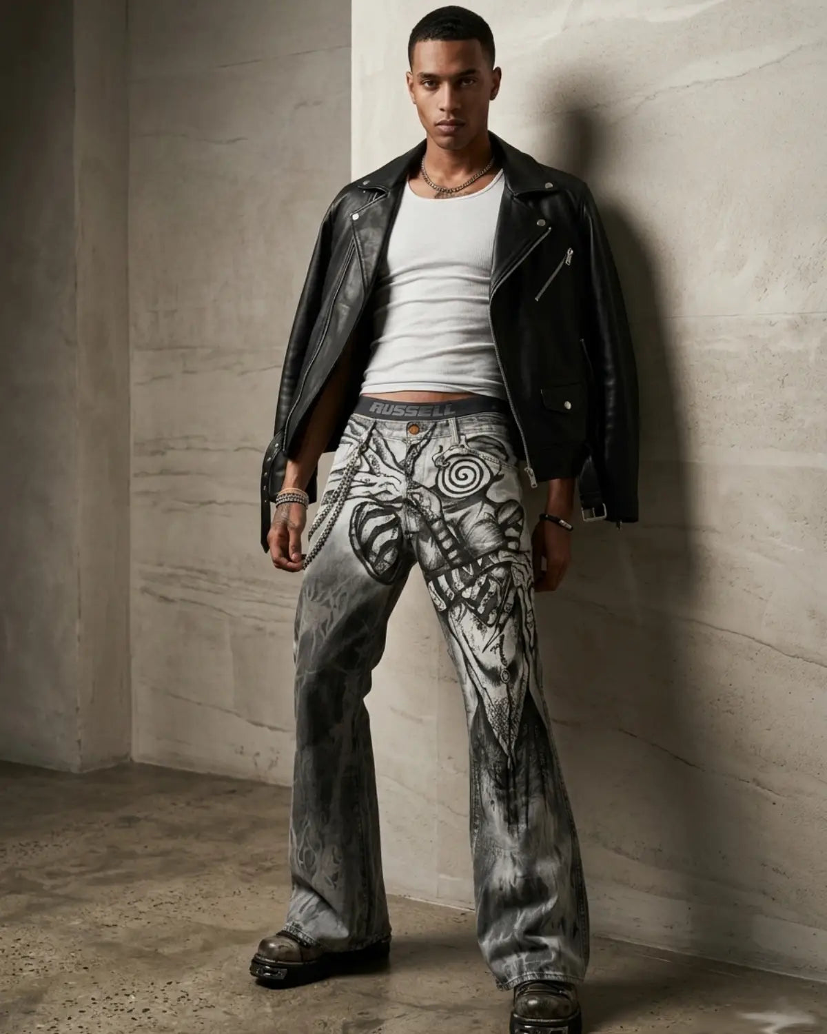 Hand Painted Denim Punk Gothic leather Artistic Pant