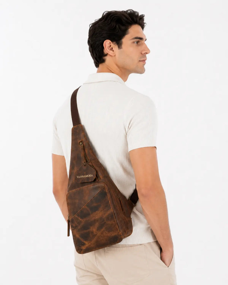 Vintage brown leather chest bag with adjustable strap