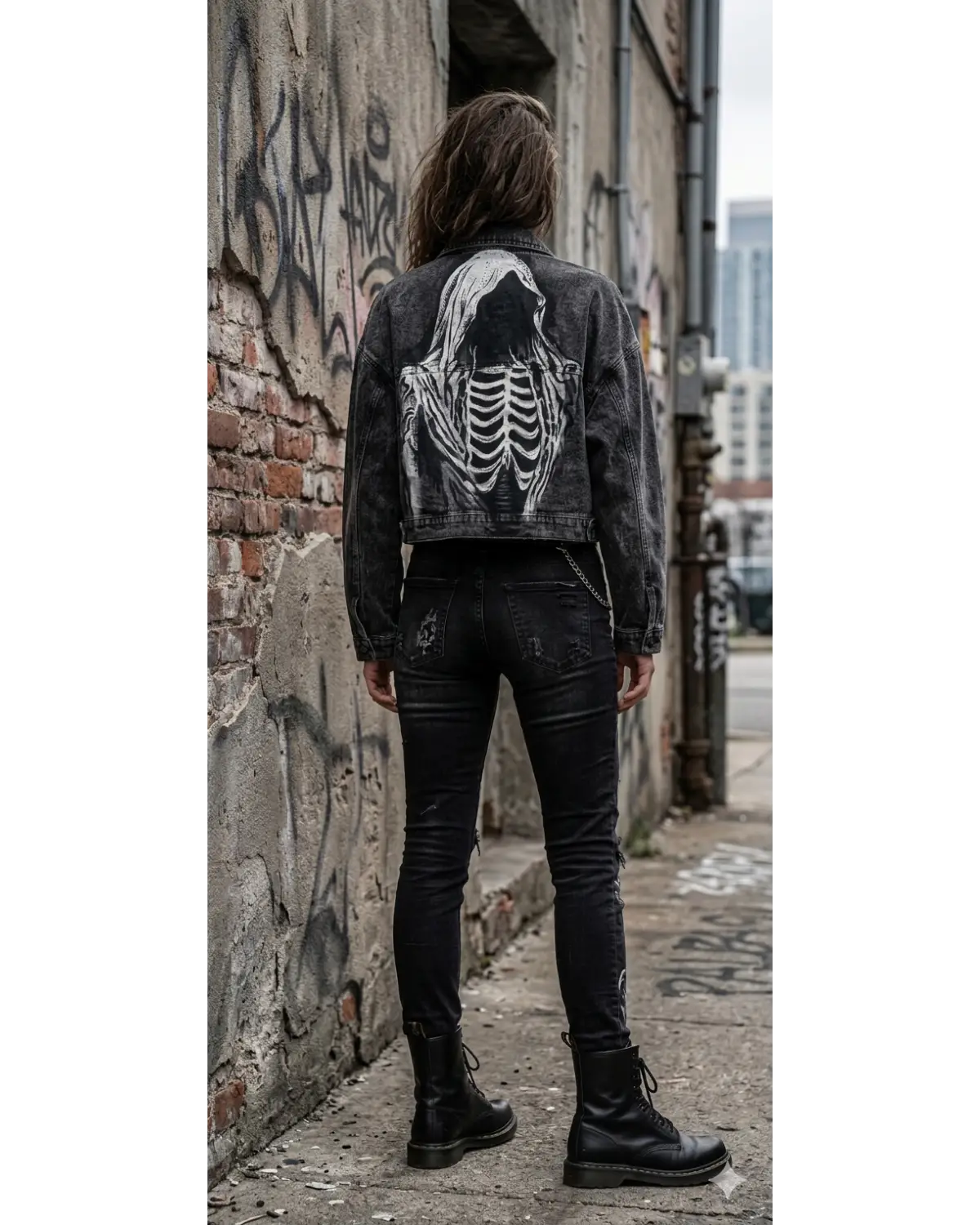 A person standing outdoors in a city alley wearing a faded black denim jacket 