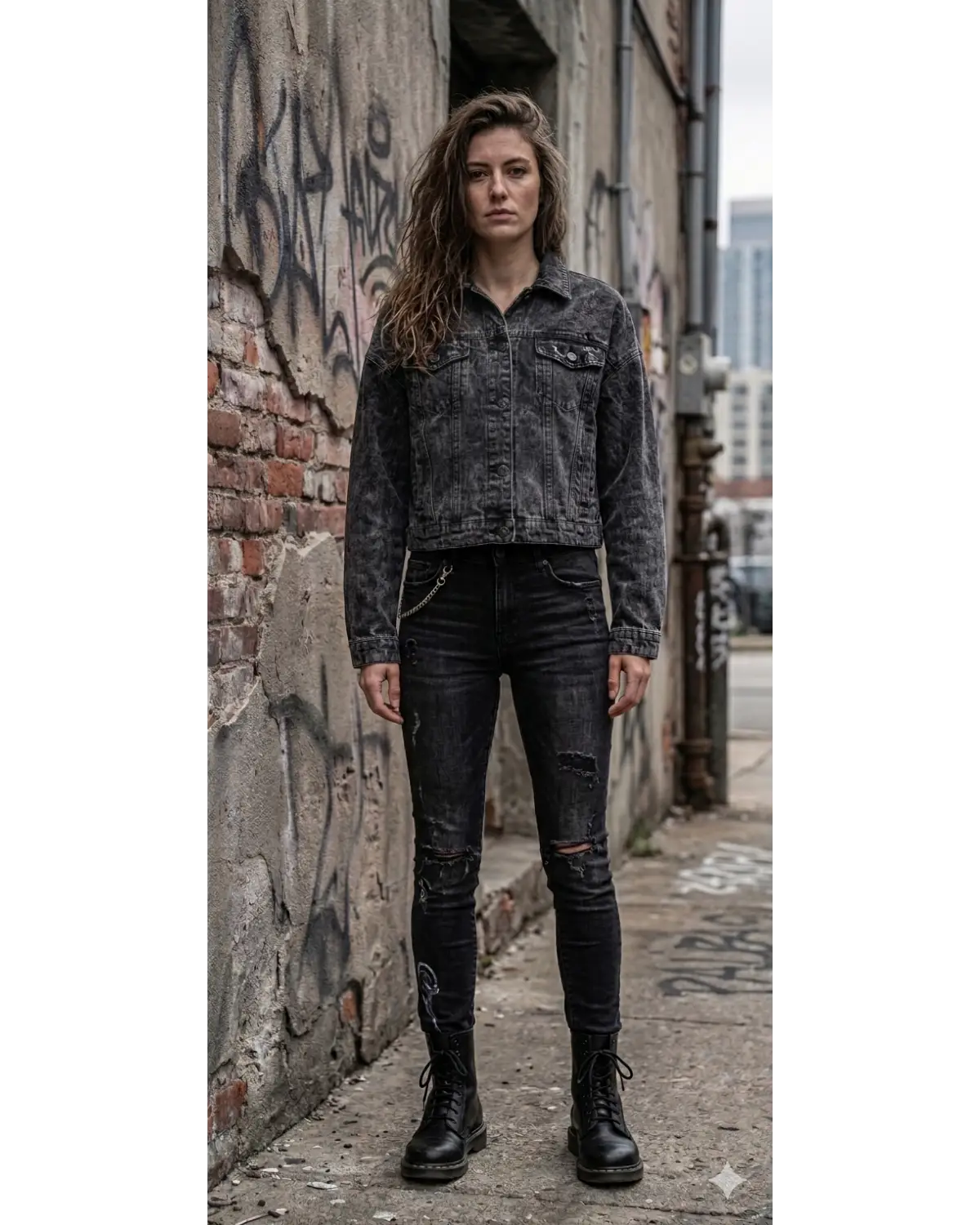 A woman stands on a city sidewalk wearing a faded black washed denim jacket, black distressed skinny jeans, and black combat boots, posed against a weathered brick wall with graffiti.