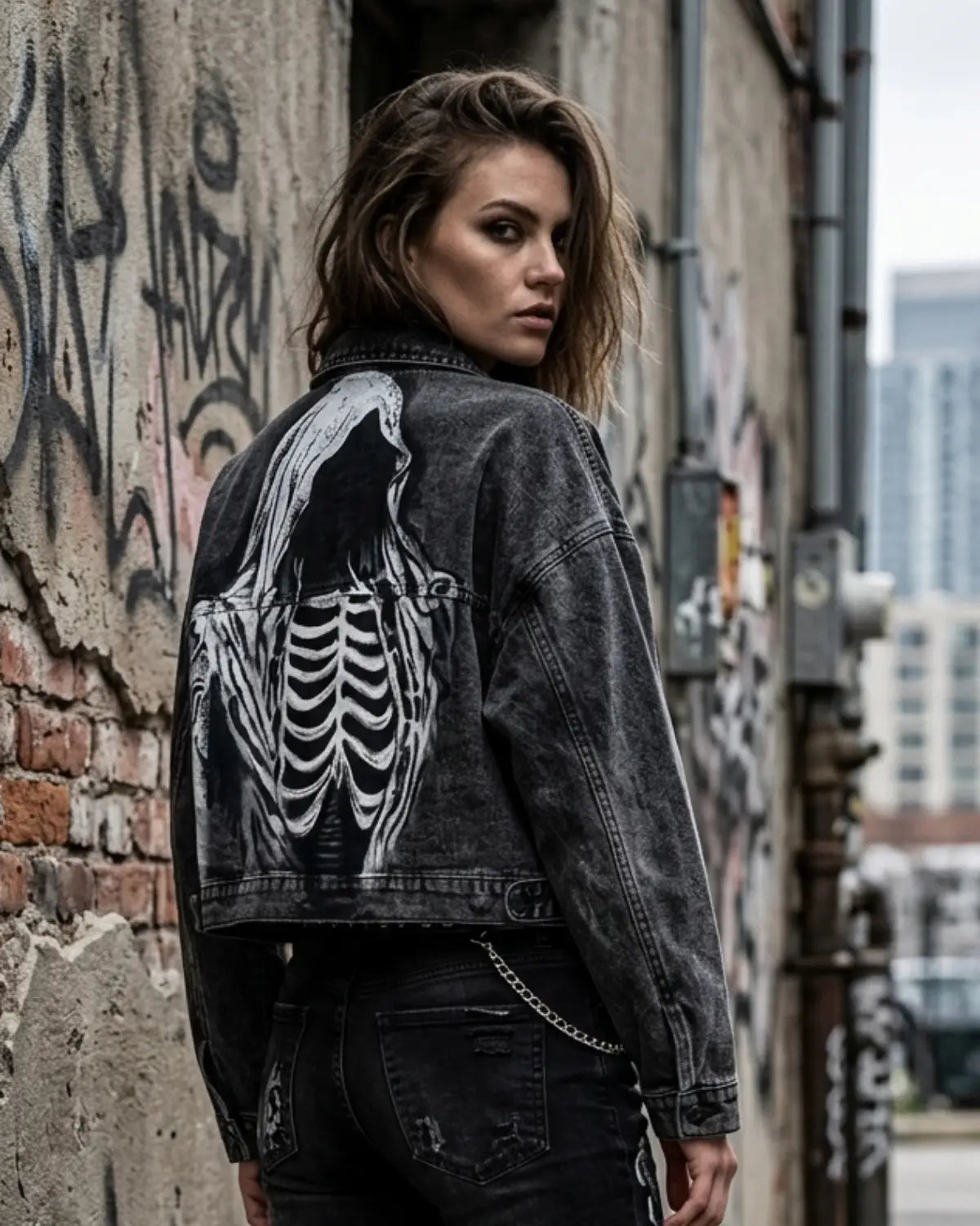 Person wearing a black denim jacket with a skeleton design in an urban setting