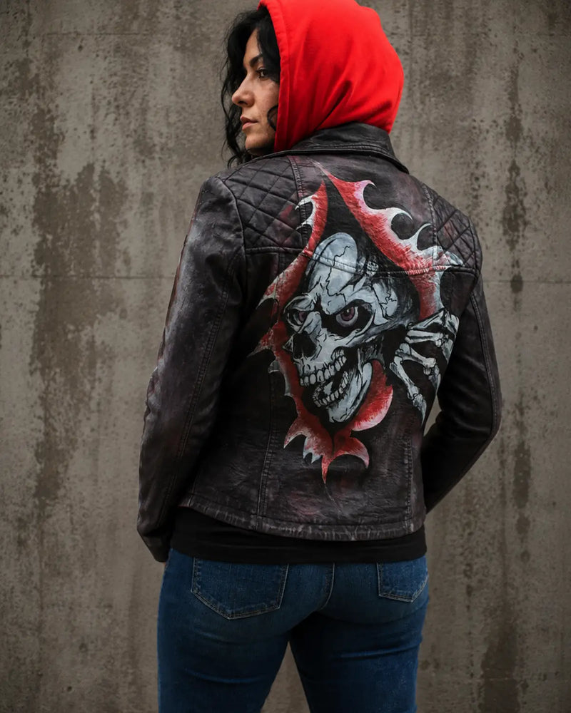 Vanna Women's Hand-Painted Punisher Skull Real Lamb Leather Motorcycle Jacket