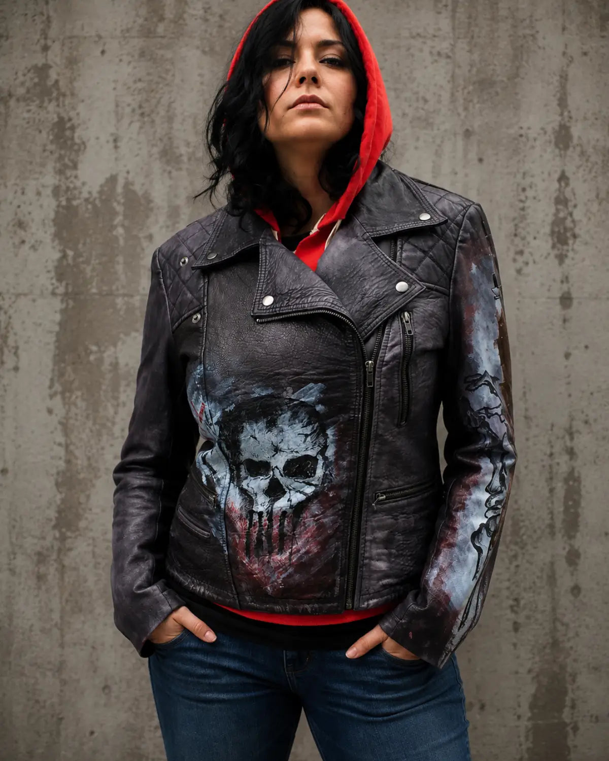 Vanna Women's Hand-Painted Punisher Skull Real Lamb Leather Motorcycle Jacket