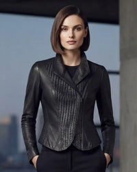 Vinni Luxury Genuine Lamb  Woven Leather Asymmetric Zip Designer Coat