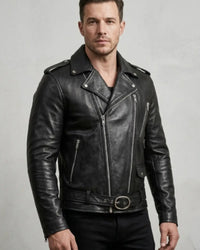 Man wearing a black leather jacket 