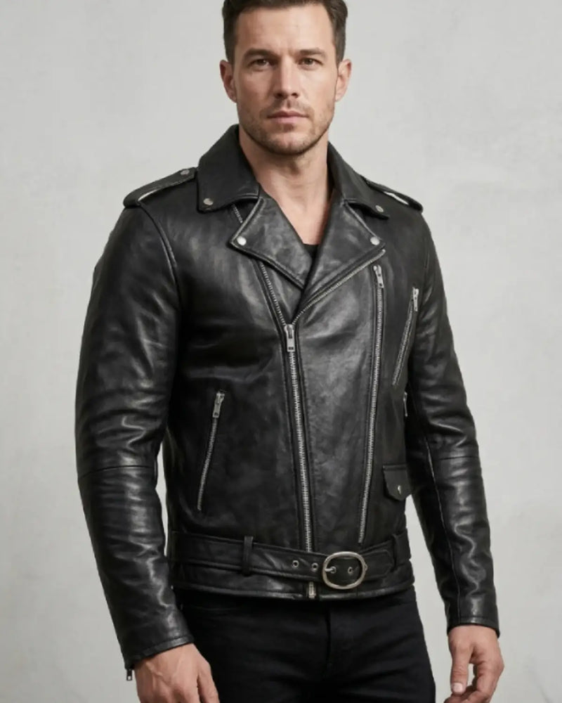 Man wearing a black leather jacket 
