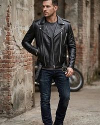 Man wearing a black leather jacket 