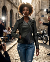 Women Washed Corded Biker Lamb Leather Jacket