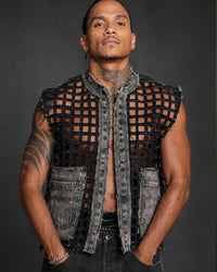 Handmade Woven Denim Vest – Men’s Distressed Grid Cut-Out Utility Vest
