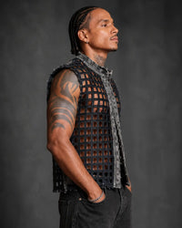 Handmade Woven Denim Vest – Men’s Distressed Grid Cut-Out Utility Vest