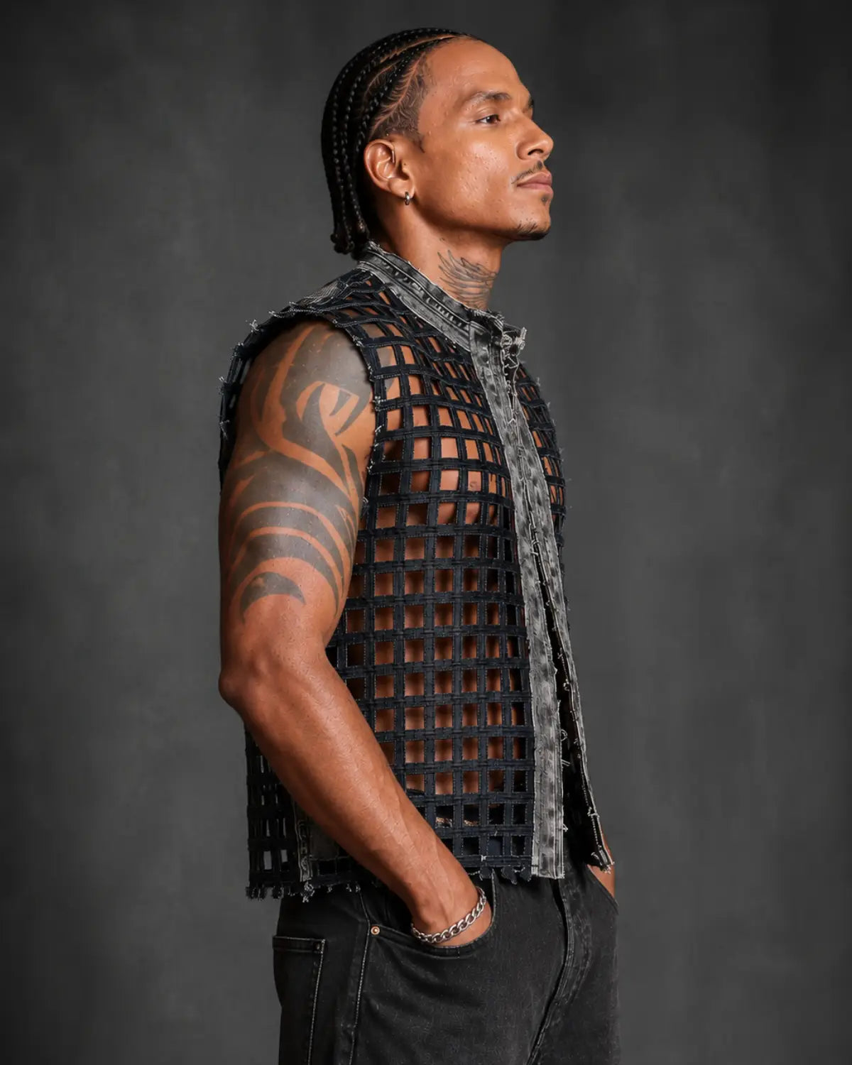 Handmade Woven Denim Vest – Men’s Distressed Grid Cut-Out Utility Vest