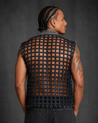 Handmade Woven Denim Vest – Men’s Distressed Grid Cut-Out Utility Vest
