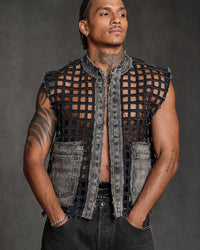 Handmade Woven Denim Vest – Men’s Distressed Grid Cut-Out Utility Vest