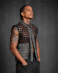 Handmade Woven Denim Vest – Men’s Distressed Grid Cut-Out Utility Vest