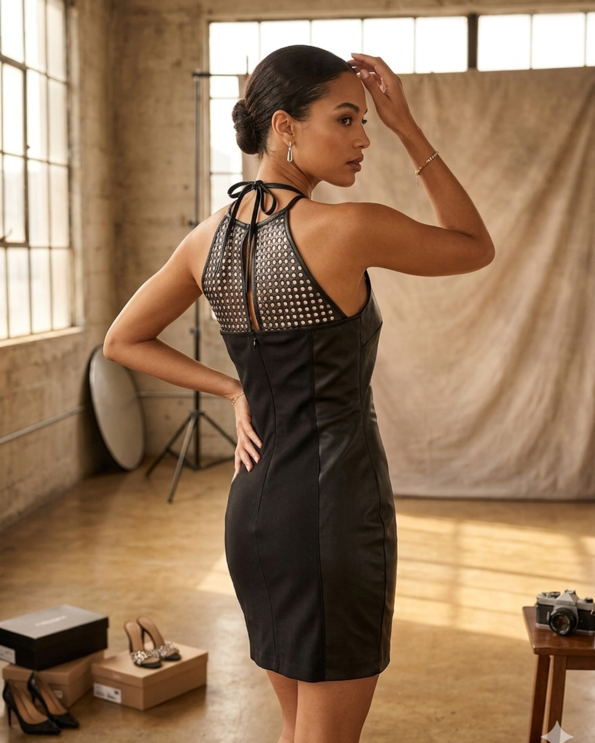 sexy jersey dress Women Sexy Leather Dress with halter neck ties with Jersey Bonded Fabr – Vannamoda
