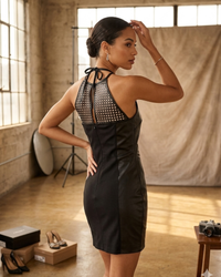 Women Sexy Leather Dress with halter neck ties with Jersey Bonded Fabric