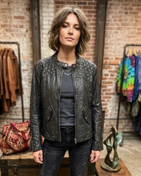 Women's Black Leather Biker Jacket with Textured Yoke and Zip Front