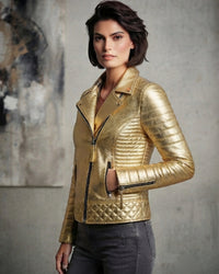 Women Designer Metallic Leather Motorcycle Biker Jacket