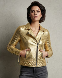Women Designer Metallic Leather Motorcycle Biker Jacket