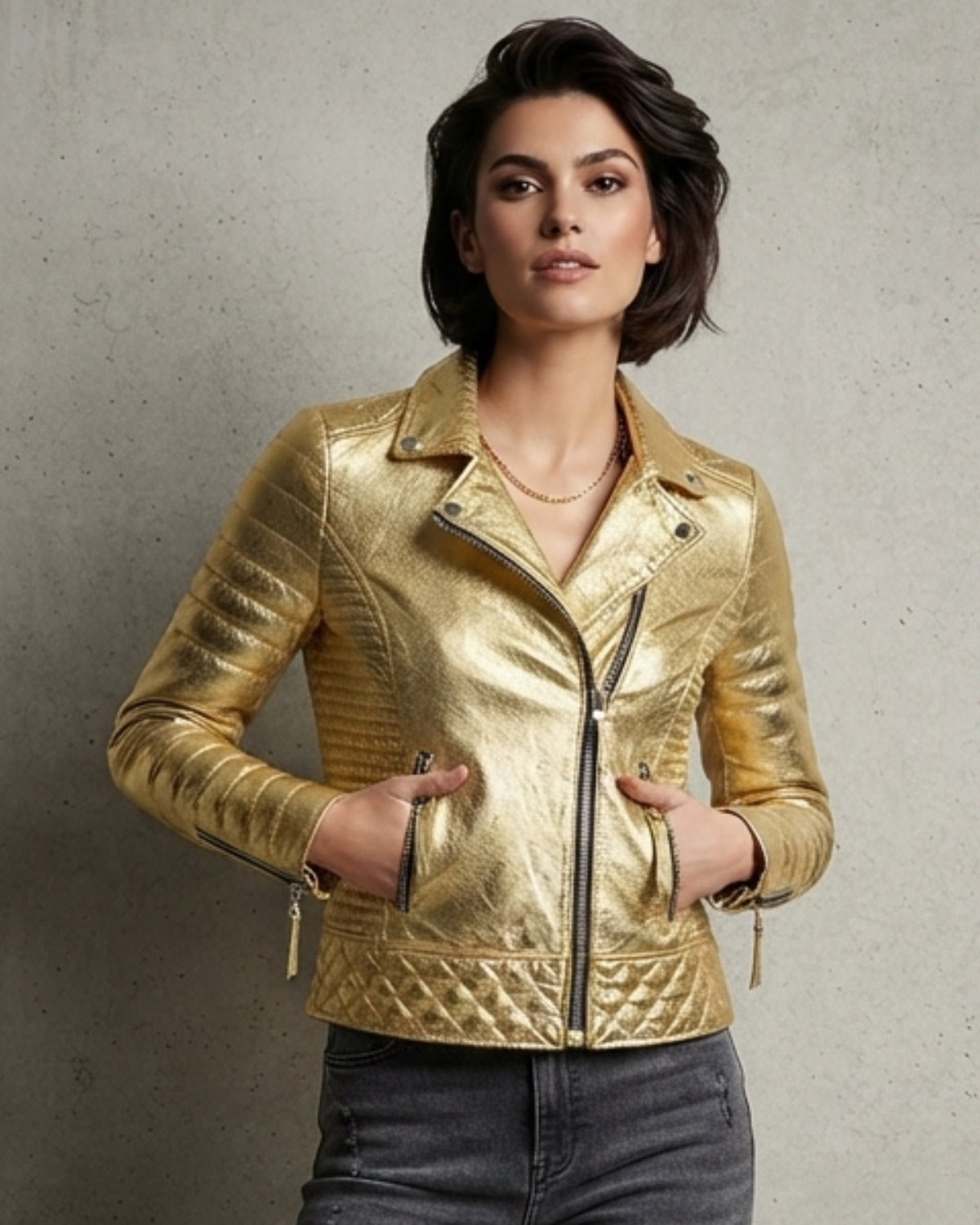 Women Designer Metallic Leather Motorcycle Biker Jacket