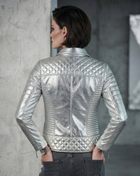 Women Designer Metallic Leather Motorcycle Biker Jacket