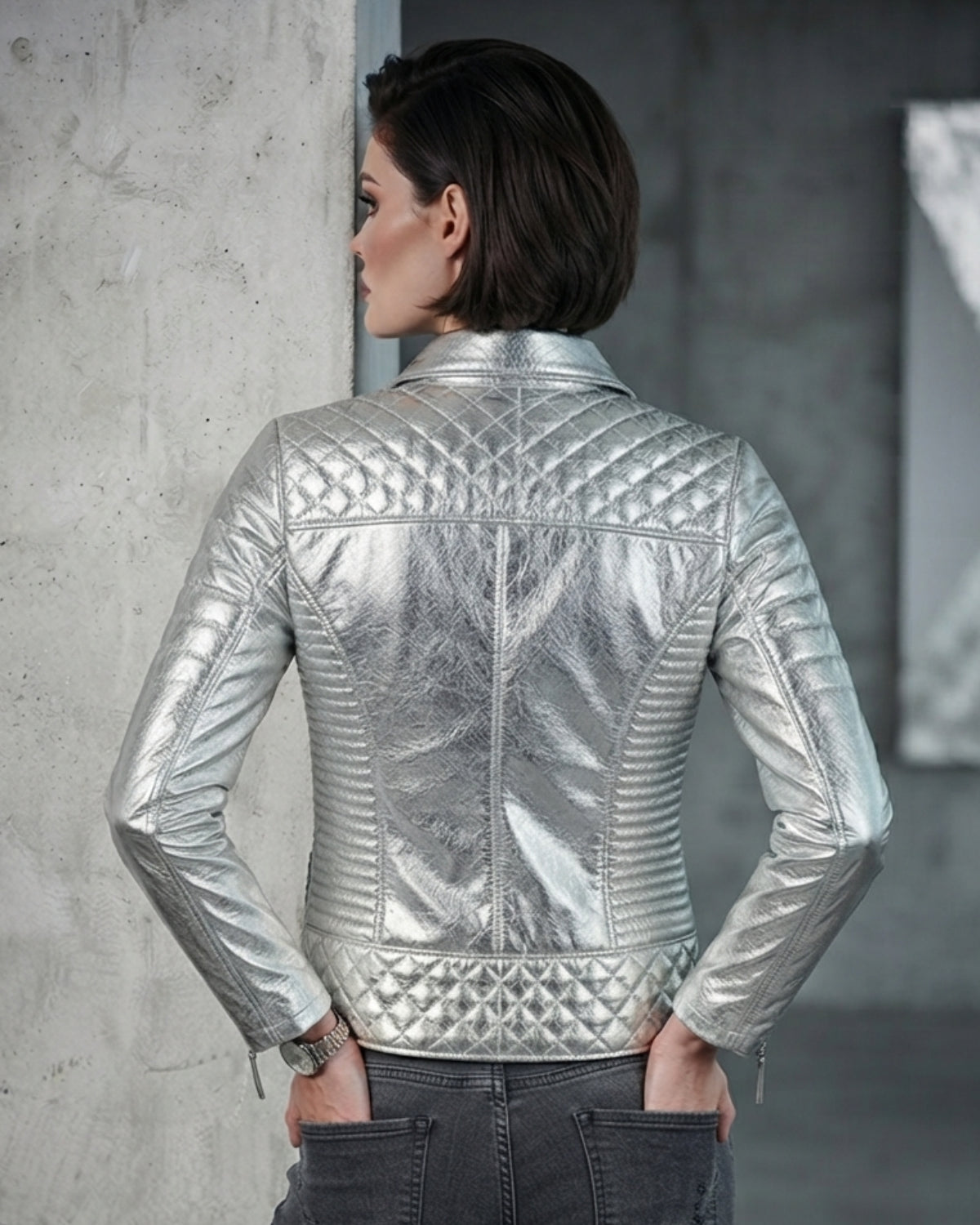 Women Designer Metallic Leather Motorcycle Biker Jacket