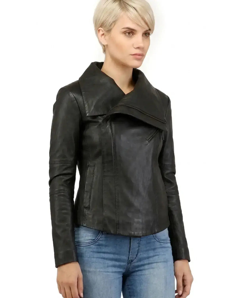 Women's Black Designer Leather Jacket with Oversized Collar