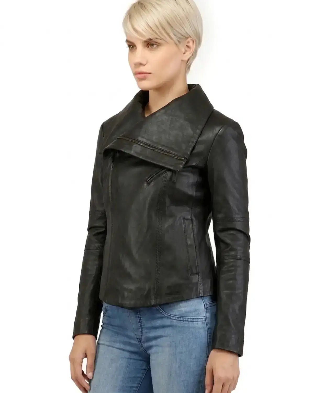 Woman wearing a black leather jacket and Women's Black Designer Leather Jacket with Oversized Collar