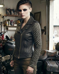 Addi Women's Spike Studded Real Lambskin Leather Biker Jacket