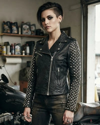 Addi Women's Spike Studded Real Lambskin Leather Biker Jacket