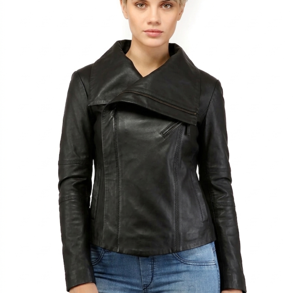 Linda Woman Designer High Collar Leather Jacket