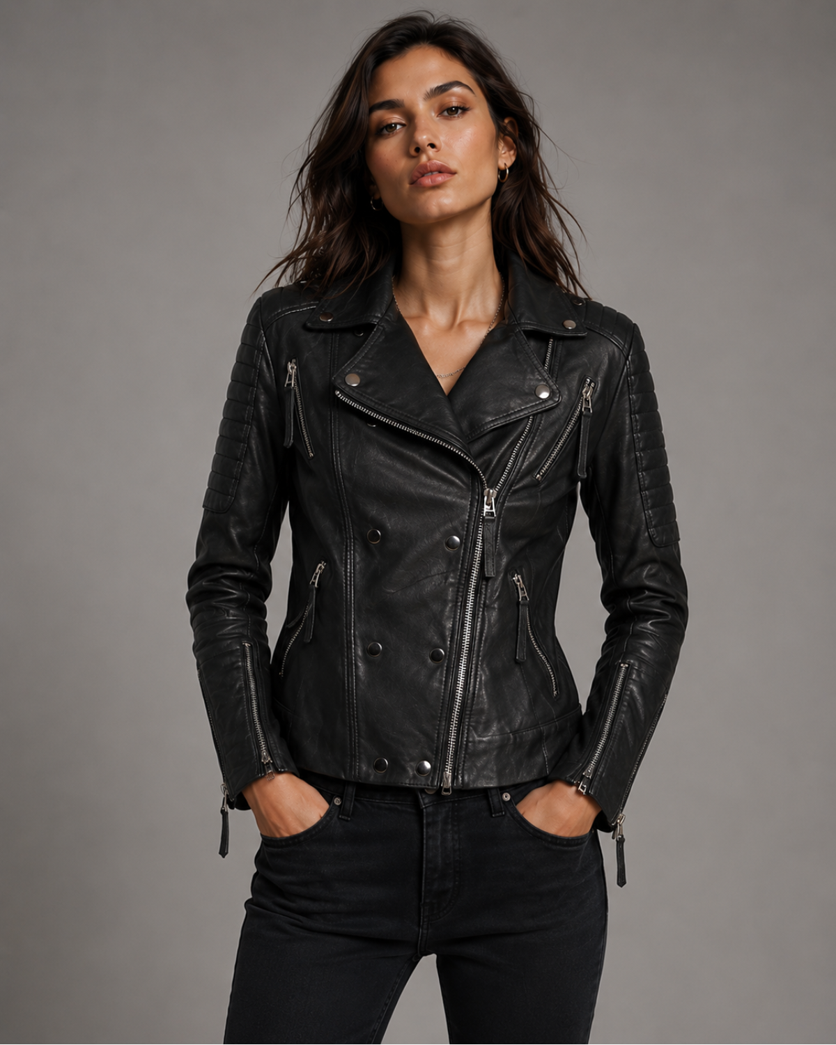Leather Motorcycle Biker Washed Women Jacket with Multi Zippers