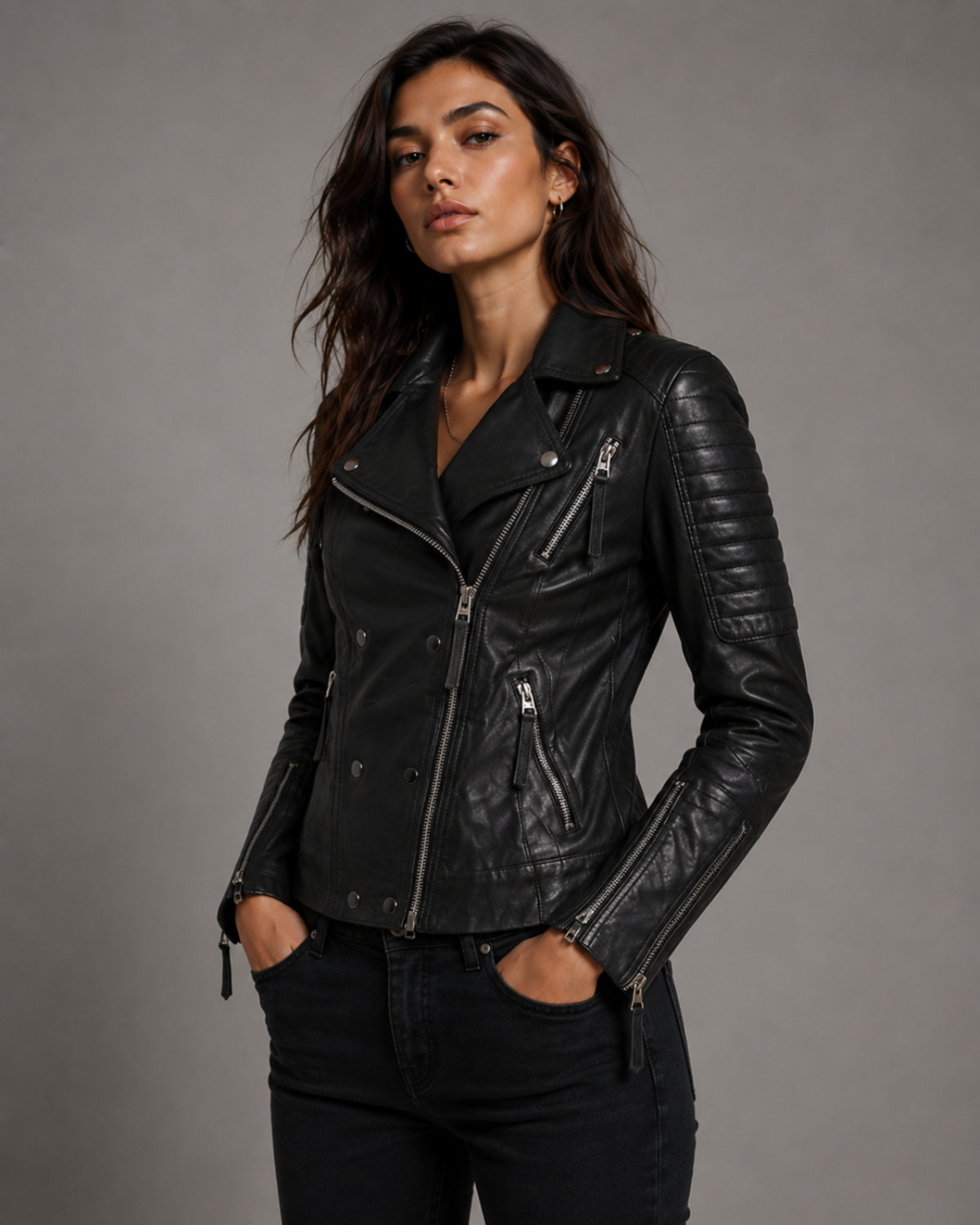 Leather Motorcycle Biker Washed Women Jacket with Multi Zippers